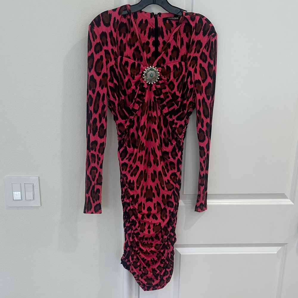 Roberto Cavalli Pink and Black Animal Print Long Sleeve Dress